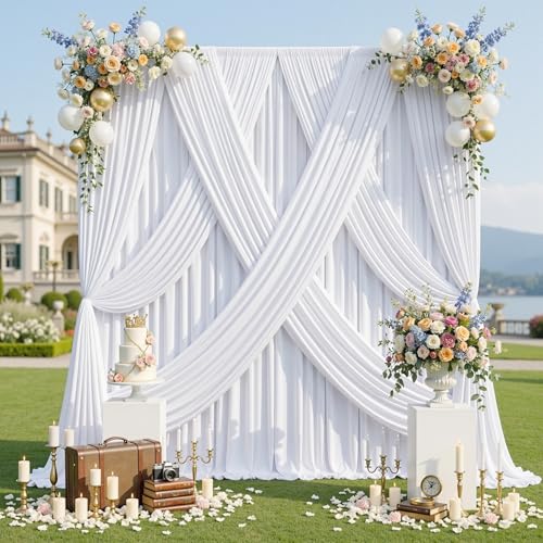 gogoparti 10x12ft White Backdrop Curtain for Wedding Parties 2 Panels (5x12 ft Each) Wrinkle-Free Dackdrop Curtains Silky Draping Fabric for Birthday Party Baby Shower Photo Background