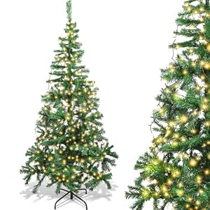 Aigostar 180 CM Árbol de Navidad Artificial,con Cadena de luces LED de 18 M, 300 LED Blanco cálido, 8 Modos de Iluminación,450 Ramas,Color Verde,Incluye Soporte de Meta