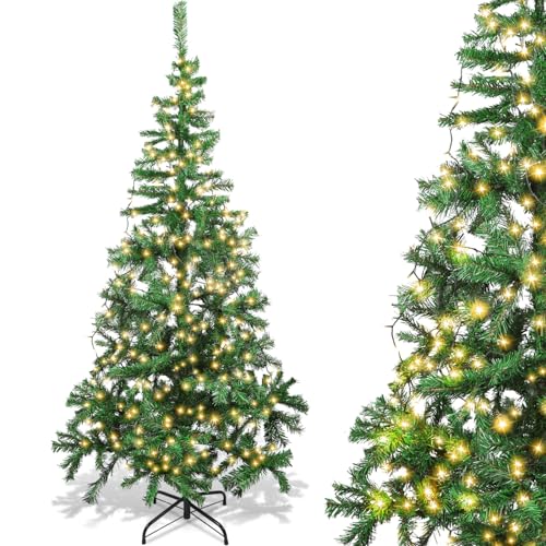 Aigostar 180 CM Árbol de Navidad Artificial,con Cadena de Luces LED de 18 M, 300 LED Blanco cálido, 8 Modos de Iluminación,450 Ramas,Color Verde,Incluye Soporte de Meta