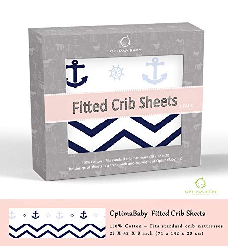 Optimababy 2 Pack Navy Blue Nautical Explorer Sailor Crib Fitted Crib Sheets, Portable Crib Mattress Topper For Baby Girls Boys, Ultra Soft, Full Standard #TOP4