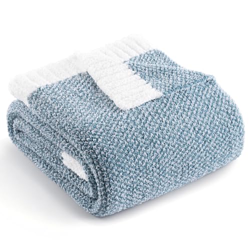 Exclusivo Mezcla Knit Throw Blanket Ultra Soft and Warm Reversible Woven Blankets Cozy Snuggly Throw for Couch Bed and Home Decor Heather Blue 127x152 CM