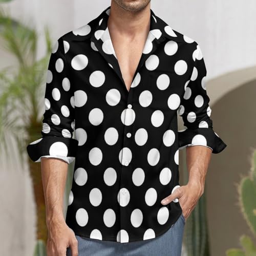 Black White Polka Dots Print Mens Long Sleeve Button Down Shirts, Casual Men's Button Up Shirt with Pocket2