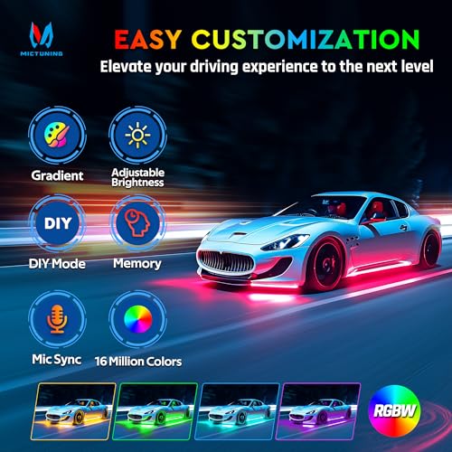 MICTUNING 8Pcs N8+ RGBW Underglow LED Lights for Cars, APP & Remote Dual Control, IP68 Waterproof Aluminum Multicolor Modes Music Soundsync Exterior Neon Accent Car Underglow Kit, 2 Years Warranty — view 2
