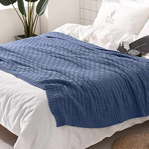 Image of TREELY 100% Cotton Knitted Throw Blanket 60 x 80 Inches, Dusty Blue