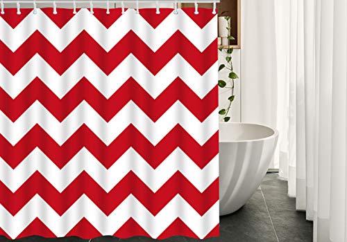 Moslion Striped Bathroom Shower Curtain Retro Geometric Wavy Stripes Chevron Zigzag Red White Waves Shower Curtains Home Decorative Waterproof Polyester Fabric Shower Curtain With Hooks 72X72 Inch #TOP1