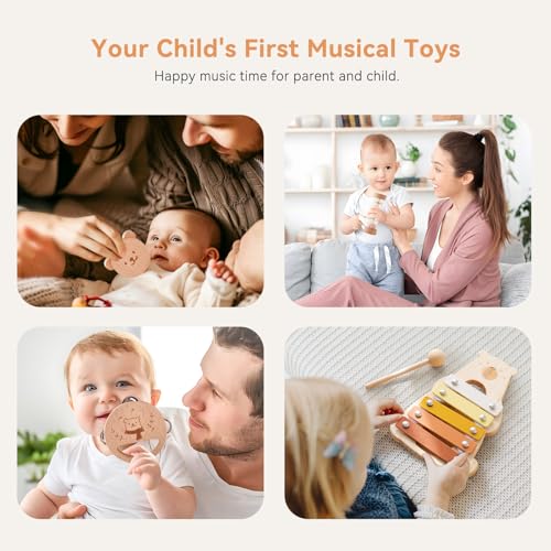 IEATFO Baby Musical Instruments - Your Child\'s First Musical Toys with Castanet Rainmaker Tambourine Xylophone - Baby Friendly Design Wooden Instruments Set Grow with Your Boys and Girls