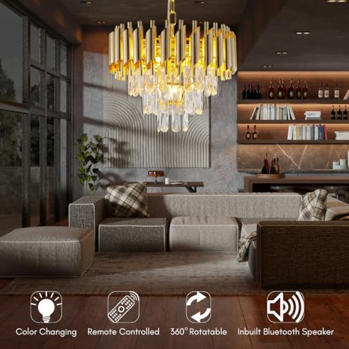 Image of Luxury Gold Mamba Crystal Chandelier | Moving Round LED Ceiling Light with Bluetooth Speaker & Remote | RGB Colour Changing | Living Room Chandelier (Moving Gold, 300MM)