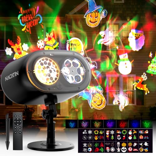 NACATIN Halloween Christmas Projector Lights，2-in-1 3D Ocean Wave & 12 HD Patterns, No Card Needed Design with Remote & Timer, Waterproof Holiday Projector Lights Outdoor for Xmas Halloween Party