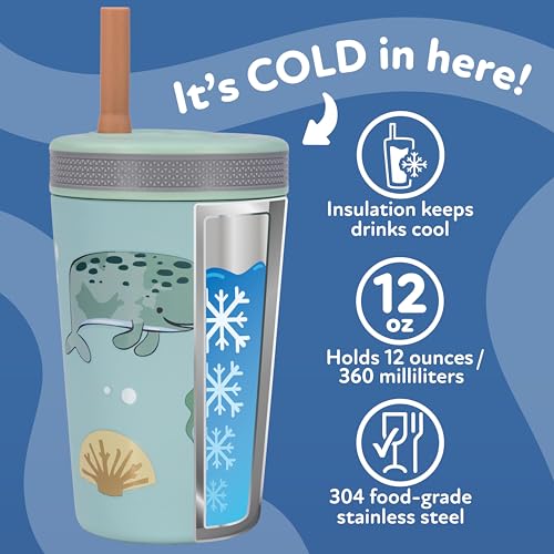 Image of Nuby Thirsty Kids Flexstraw Stainless Steel Insulated Toddler Cup - 12 oz | Leak-Resistant Silicone Straw - Easy-Clean Valve and Capacity - Travel Cup - Ocean