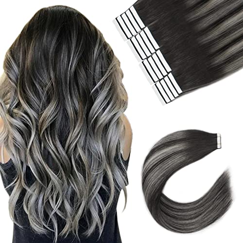 Image of Sixstarhair Black Balayage Tape in Hair Extensions Human Hair Ombre Off Black to Silver with Natural Black Tape in Human Hair Extensions Seamless Skin Weft 20pcs /50g [Color 1BT1B-silver# 20inch]