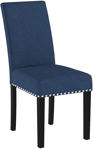 Miniatura 4 de LSSPAID Juego de 4 sillas de comedor tapizadas de tela con ribete de cabeza de clavo y patas de madera maciza para el hogar y la cocina, color azul