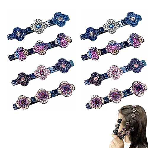 Barrette à Cheveux Latérale à Trois Fleurs,Pince à Cheveux latérale à Trois Fleurs,Bandes à Cheveux en Tissu satiné,Pince à Cheveux en Strass trèfle, Bandeau à Double Couche à la Mode femmes (8PC) Cover