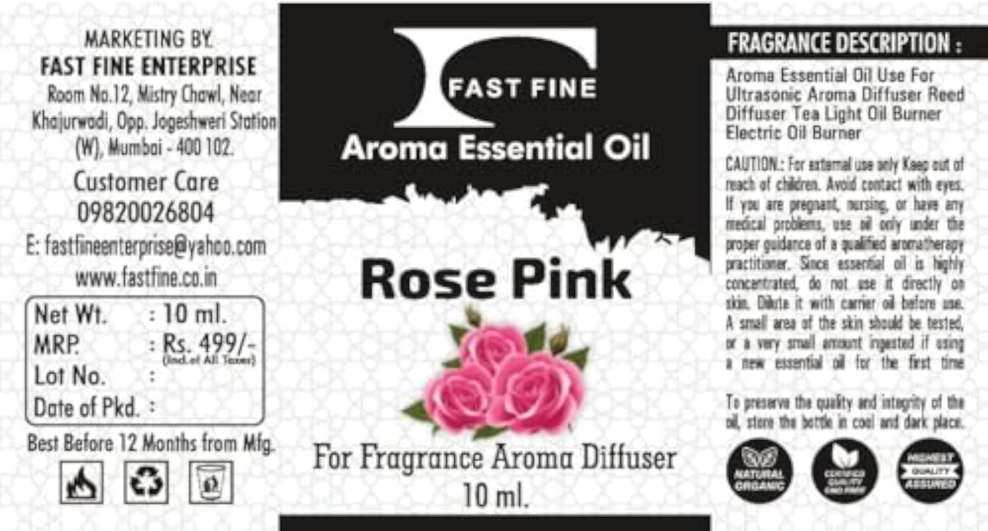FAST FINE Rose Pink Diffuser Essential Aroma for Home Use