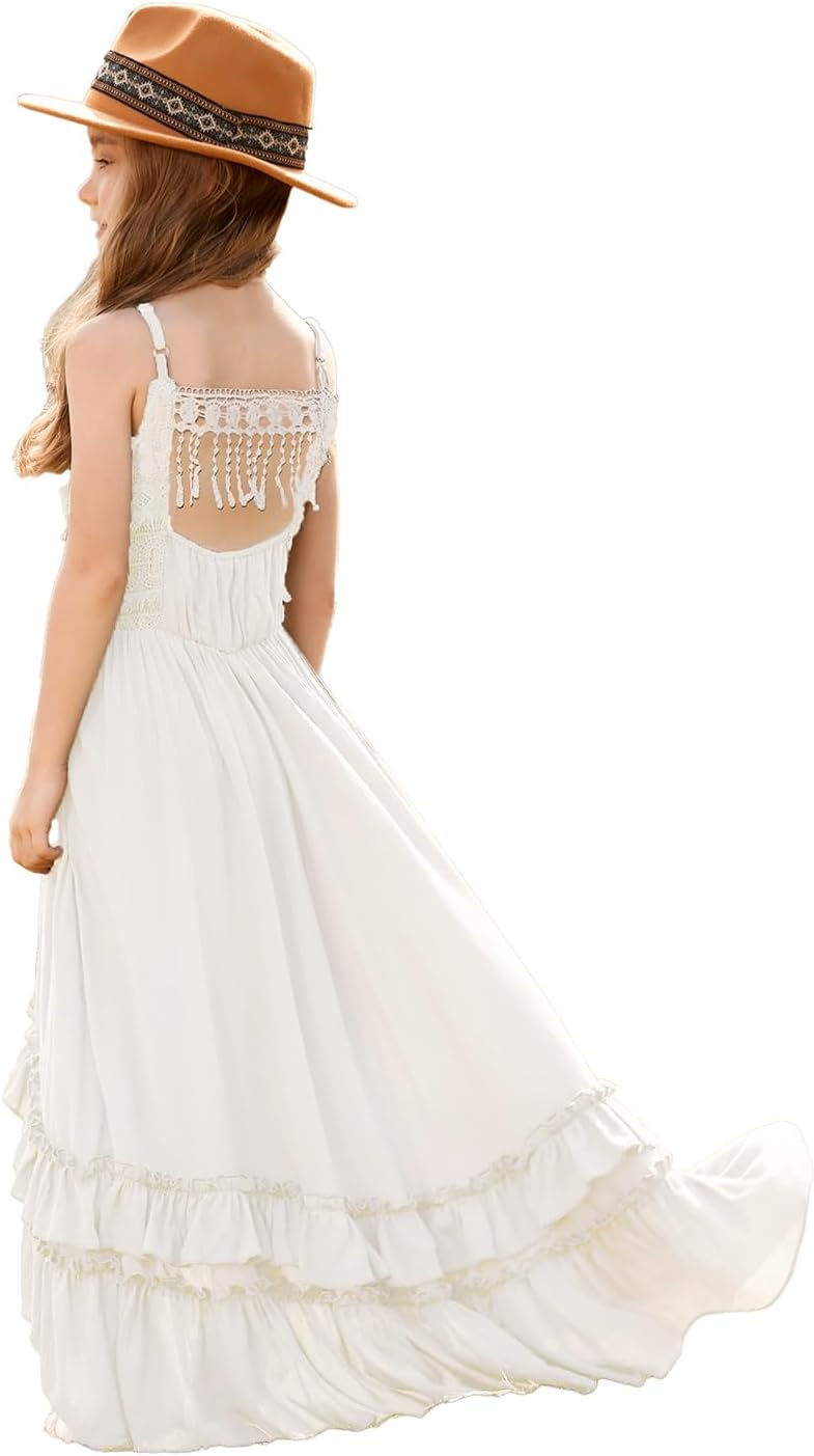 BIBIHOU Girls Kids Lace Backless Boho Holiday Wedding Maxi Flower Girl Dress