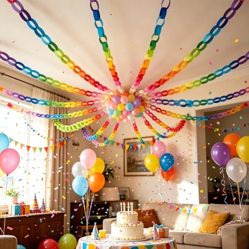 Decoración de fiesta sin pegamento usando cadenas de papel arcoíris con cintas adhesivas