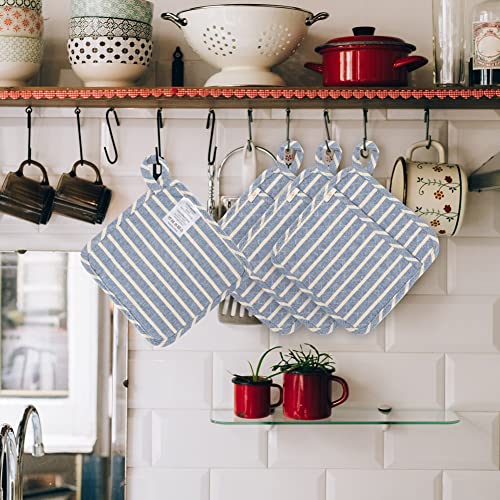 Neoviva Quilted Denim Kitchen Pot Holder Set Of 2 With Loop, 8”X8” Hot Pot Holders Heat Resistant With Pocket For Easy Grip, Woven Striped Cosmic Sky #TOP3