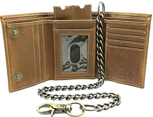 Bikers Trifold Leather Chain wallet for Men RFID safe Crazy Horse Rustic Brown J112 (Crazy Horse J112 with Chain)