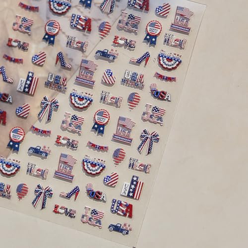 Image of Red Blue Nail Atickers American Flag Nail Art Stickers 5D Embossed Self Adhesive Patriotic Nail Decals with Design for Women Girls Kid Maniucre DIY Decoration Accessories