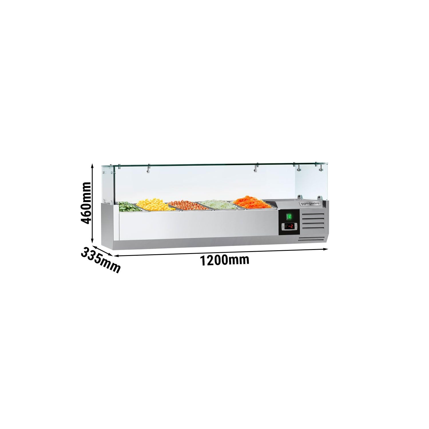 GGM Gastro Kühlaufsatzvitrine PREMIUM 1200x335mm 5x GN 1/4 | Robuste Edelstahlkonstruktion, präzise digitale Steuerung, einfache Reinigung, ideal für den professionellen Dauereinsatz