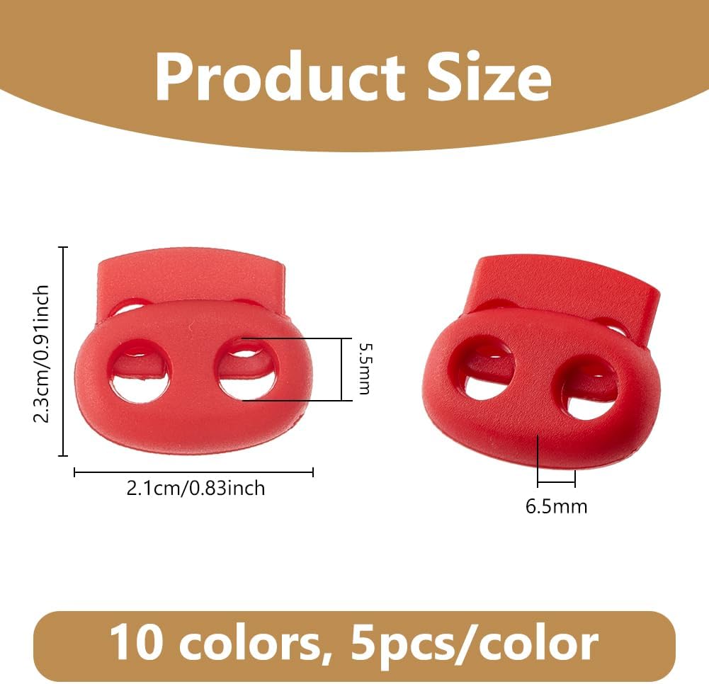 DICOSMETIC 50Pcs 2-Hole Cord Lock 10 Colors Plastic Cord Locks Spring Buckle Spring Cord Lock End Stopper Toggle Stopper for Drawstring for Drawstring, Paracord, Shoelaces, Clothing and Bags - Image 2