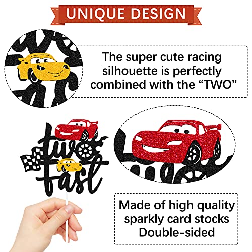 Two Fast Cake Topper Race Car 2Nd Cake Decoration For Racing Car Checkered Flag Themed Kids Boy Girl 2 Years Old Happy 2S Birthday Party Supplies Double Sided #TOP1