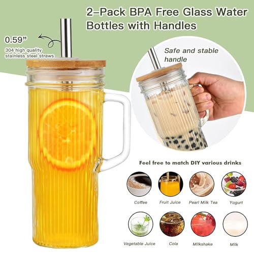 ALINK Bicchieri in vetro a coste da 24 oz con coperchio e cannuccia, 2 bicchieri in vetro con manico, riutilizzabili Mason Jar Boba Smoothie Bicchieri - immagine 4