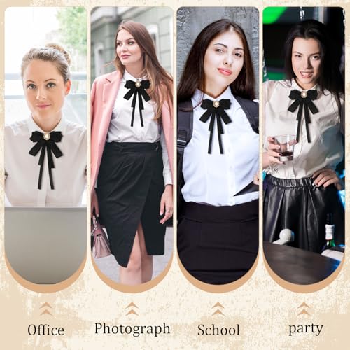 Black Tie for Women Bow Ties Adjustable Black Bowtie Clip on Bow Ties Pre Tied Bowtie Ribbon Rhinestone Tie for Shirt Girl Ladies Party Daily Cosplay School Uniform Collared Blouse Shirt Dress 5