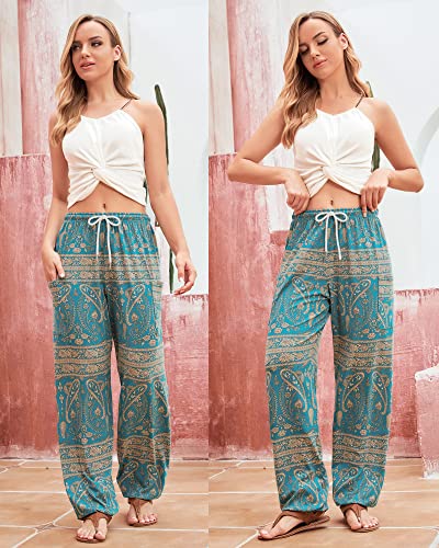 Qianxizhan Women's Harem Pants, Hippie Palazzo Pants Boho Joggers Yoga Clothes With Pockets Cyan Flower L #TOP5