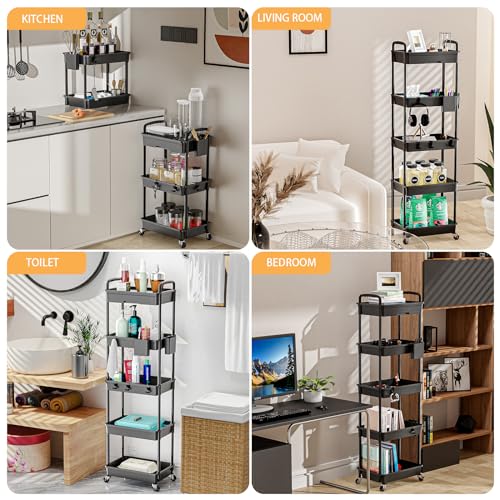 Image of 5 Tier Rolling Utility Cart with Drawer,REBECAT Utility Cart Made of Multifunctional Storage Organizer Tool for Kitchen,Bathroom,Living Room,Office(Black)