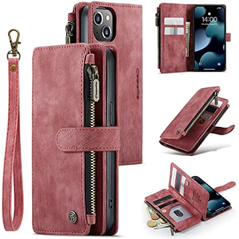 M CASEME UEEBAI Wallet Case for iPhone 13 6.1 inch, Premium Handmade PU Leather Phone Case Card Slots Magnetic Closure Zipper Pocket Kickstand Flip Case with Hand Strap - Vintage Red Cover