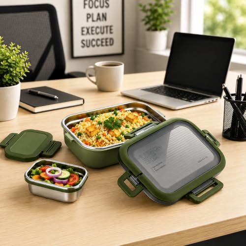 Image of MARKWELL Stainless Steel Lunch Box 700ml + 200ml | Leak Resistant Tiffin Box with Mini Container | BPA Free Lunch Box for Office, School, College, Kids & Travel | Multicolor