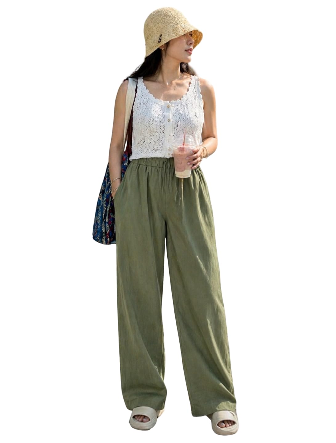 Women Cotton Wide Leg Trousers | Elastic Waist High Rise Palazzo Pants | Loose Fit/Straight Fit Casual Lounge Pants with Pockets-image-43
