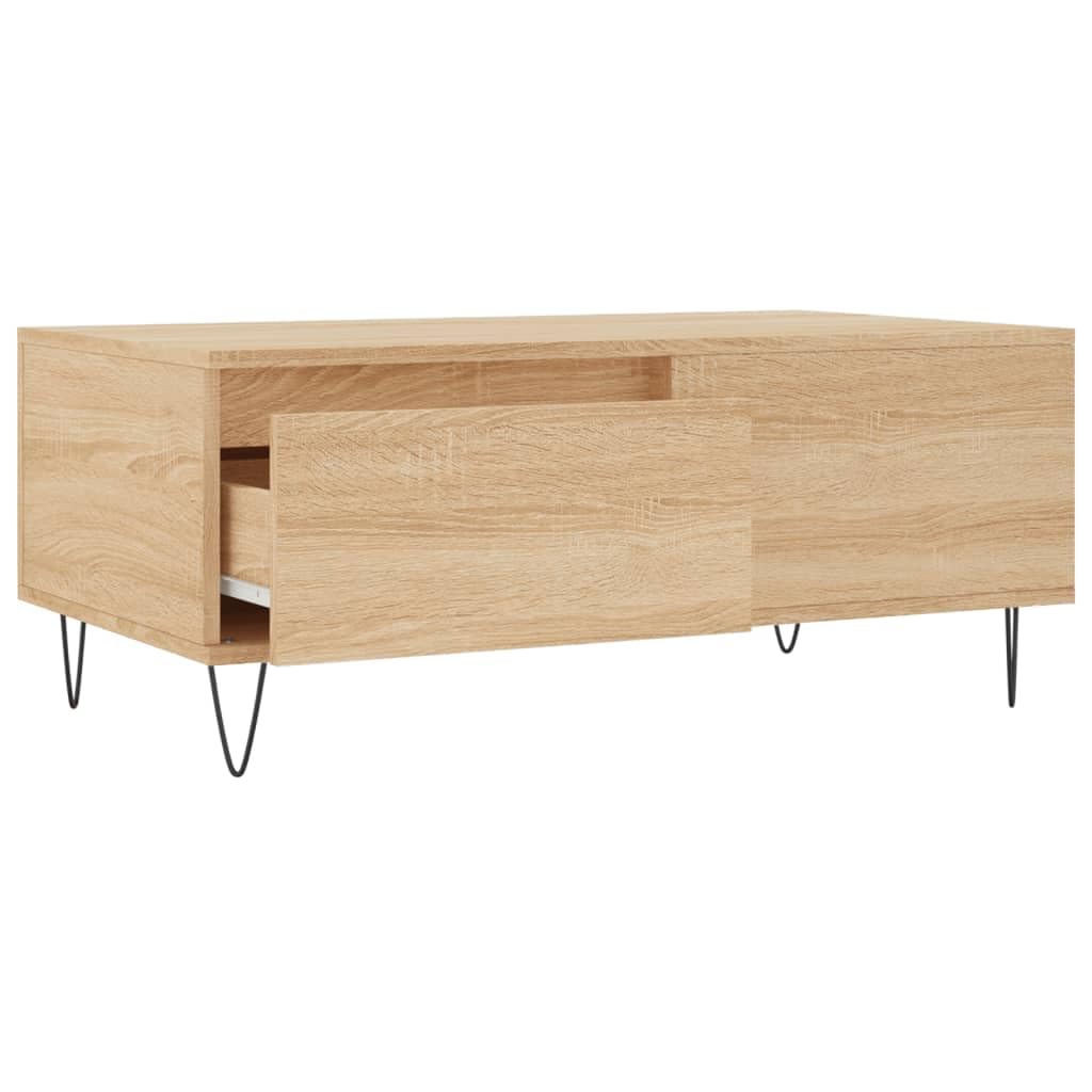 Générique Sonoma Dąb Stolik kawowy 90x50x36,5 cm Drewno inżynierskie | Z szufladą do przechowywania, solidna góra, metalowe nóżki, łatwe do czyszczenia