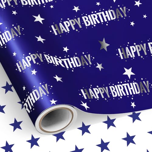 Papier d'emballage réversible Neloheac bleu Joyeux anniversaire 43CM x 10M