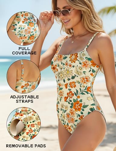 Image of Buauty Women's Swimsuit Square Neck Ruched Waist Bathing Suit Adjustable Straps Full Coverage