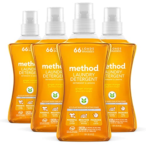 Method Liquid Laundry Detergent; Ginger Mango Scent; Plant-Based Stain Remover; 66 Loads per 53.5 fl oz bottle; 4 Pack (264 Total Loads); Packaging May Vary