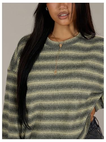 Image of BEAUDRM Women's Vintage Striped Drop Shoulder Sweater Y2k Crewneck Long Sleeve Pullover Knit Tops Green Medium