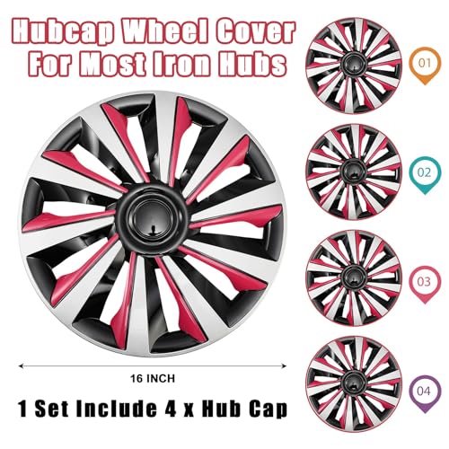 Image of Silver with Pink Hubcap Wheel Cover Replacement Kit 16 inch Hub Caps Wheel Rim Cover Car Exterior Accessories Pack of 4, 16 Inches