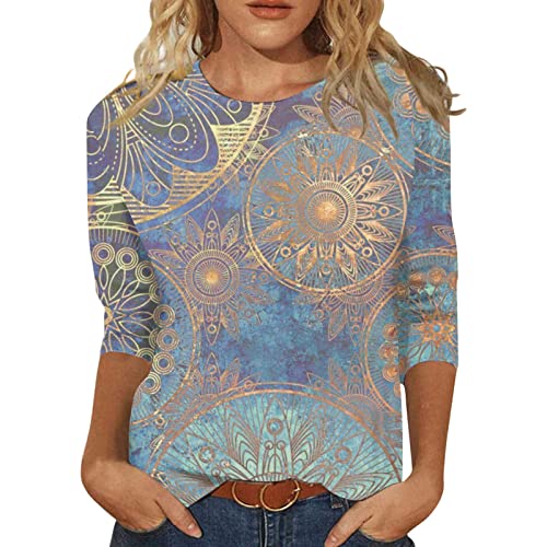 HTHLVMD Womens 3/4 Length Sleeve Tops 2025 Fall Fashion Floral Print Crewneck Causal Trendy Tunic Tops for Women
