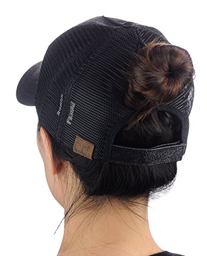 C.C Ponycap Messy High Bun Ponytail Adjustable Glitter Mesh Trucker Baseball Cap, Black - Thumbnail 3