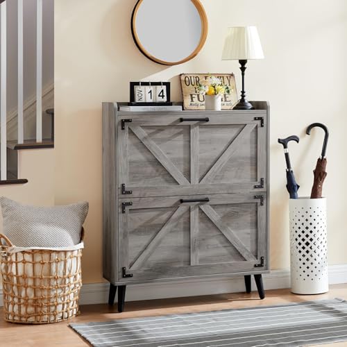 Shoe Storage Cabinet with 2 Flip Drawers, Farmhouse Hidden Shoe Organizer, Narrow Slim Shoe Rack Cabinet for Entryway Hallway,Washed Gray