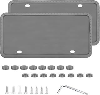 2PCS Silicone License Plate Frames Covers, Rust-Proof Rattle-Proof Auto Front Back License Plate Bracket Holders, Weather-Proof Car Tag Plate Protector with Bolts Washer Caps (Gray)