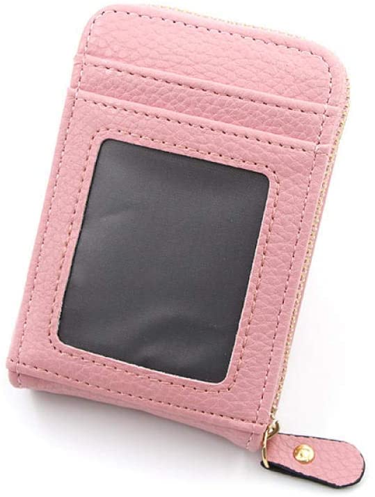 New Women Leather Credit Card Holder Men Zipper Pocket Cowhide Mini Wallet Coin Purse Small Card Bag Wallets(Pink) 7
