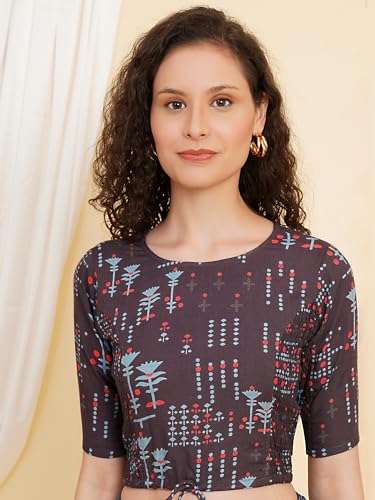 Image of Yash Gallery Women's Rayon Floral Printed Regular Blouse (7012YKBLSGREY, Grey, 3XL)