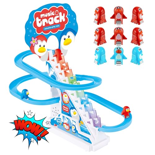 QUENTRO Penguin Slide Toy Set – Stair Climbing Roller Coaster with Sliding Tracks, 9 Racing Penguins & 3-Speed Switch – Lights, Music & Quiet Mode – Educational Playset for Kids & Toddlers