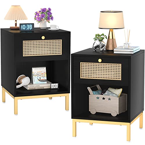 Ecoprsio 47'' Entryway Table With Outlets And Usb Ports, Console Table With 3 Drawers, & Nightstands Set Of 2, Rattan Nightstand Bedside Tables, Mid-Century Modern Nightstand With Drawer, Black #TOP2