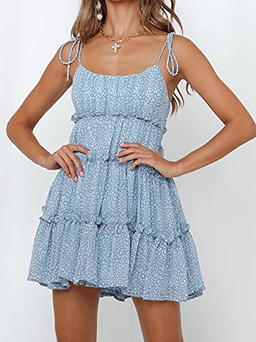 Image of kinstell Women's Boho Spaghetti Strap Ruffle Square Neck Bowknot Backless Sleeveless Elegant Flowy Mini Short Skater Dresses