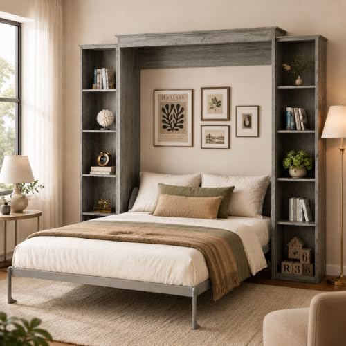 BEQAI Queen Size Murphy Bed with 2 Storage Cabinet, Farmhouse Wood Hidden Foldable Wall Bed Frame, Space Saving Beds with Shelves, Murphy Bed Queen for Guest Room, Apartment,Office,Bedroom, Grey