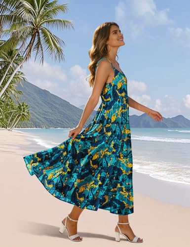 Image of YESNO Summer Bohemian Floral Dresses for Women Spaghetti Straps Maxi Dress Casual Flowy Dresses with Pockets ES0