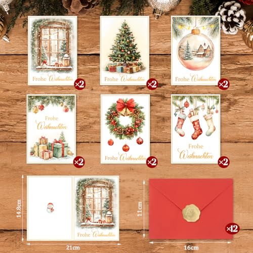 Weihnachtskarten Set 12 Stück mit Umschlägen und Stickern – 6 Aquarell Motive, Premium Grußkarten zu Weihnachten, Frohe Weihnachten Weihnachtskarte Klappkarten, Christmas Card Weihnachtspostkarten